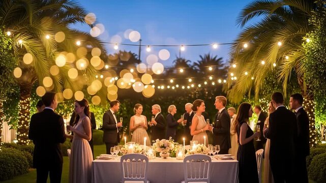 A formal evening gathering under string lights, featuring a dinner table and guests in evening attire. Palm trees frame the scene against the night sky