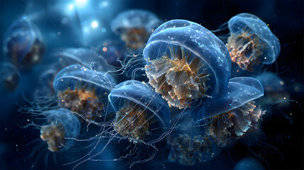 Glowing jellyfish swarm drifting gracefully through deep black ocean 