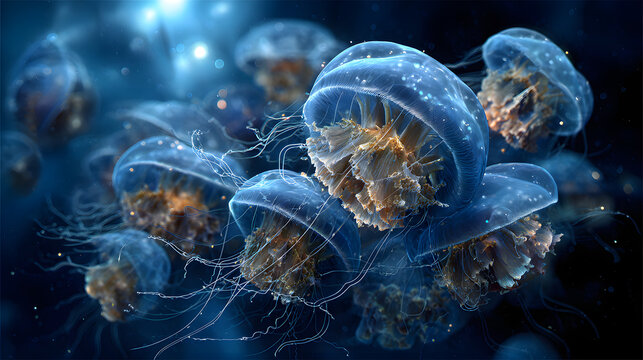 Glowing jellyfish swarm drifting gracefully through deep black ocean 