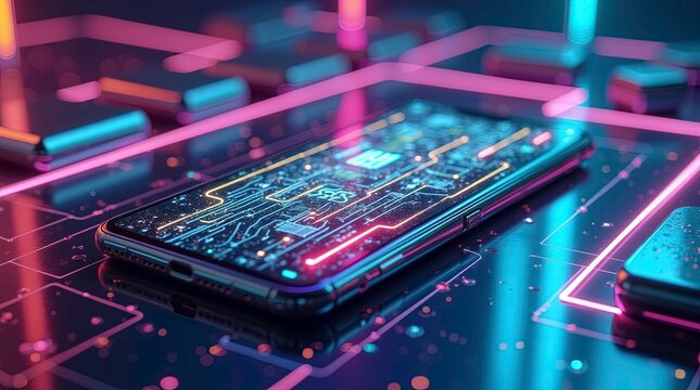 Render of a futuristic smartphone on a glossy surface with a glowing holograph green dots on screen in a futuristic setup