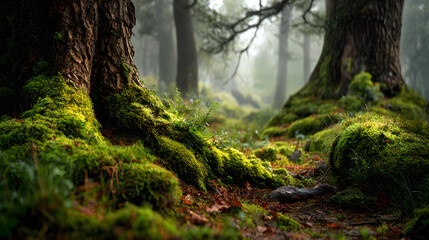 Obraz premium Glowing moss covering tree trunks in misty enchanted woodland 