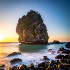 Dramatic coastal sunrise with a large rock island in ocean