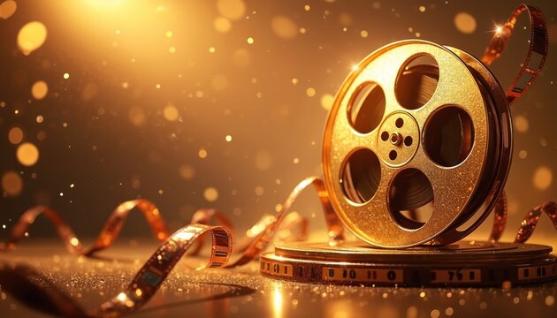 Golden film reel spins on stage with light flares. Cinematic tape unwinds, conveying glamour and award prestige. Motion picture production, entertainment, and premiere night. - Powered by Adobe