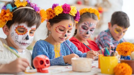 Fototapeta premium Children Celebrating Day Of The Dead With Face Paint And Crafts. Cultural Tradition And Creativity