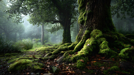 Fototapeta premium Glowing moss covering tree trunks in misty enchanted woodland 
