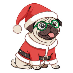 Funny Pug Wearing Santa Suit and Glasses Cartoon Vector