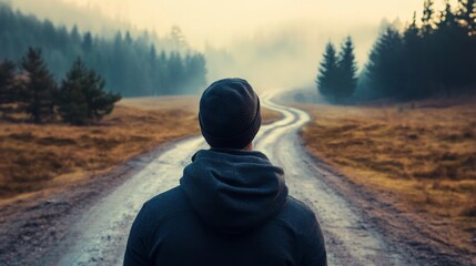 Rear view of a man in a hoodie and beanie walking alone on a misty forest road, symbolizing solitude, journey,