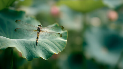 Dragonfly perched on a large green leaf in a tranquil outdoor setting
