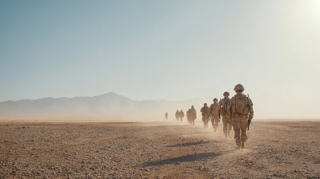Soldiers Marching In Desert Landscape Under Clear Sky. Military Operation In Arid Terrain