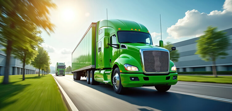 Green electric truck driving on road near modern business center. Eco-friendly semi-trailer transports cargo with sustainable energy. Vehicle represents future clean logistics carbon neutral - Powered by Adobe