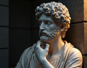 Obraz premium Statue of thoughtful man with beard and curly hair. He is wearing roman toga. Sculpture is made from marble material. The figure rests his chin on hand in contemplation pose.