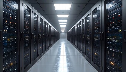 A symmetrical perspective of a data center hallway with rows of servers, illuminated by overhead lights, leading to a distant, bright end