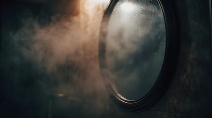 Steamy mirror with atmospheric condensation and warm light in a dark interior
