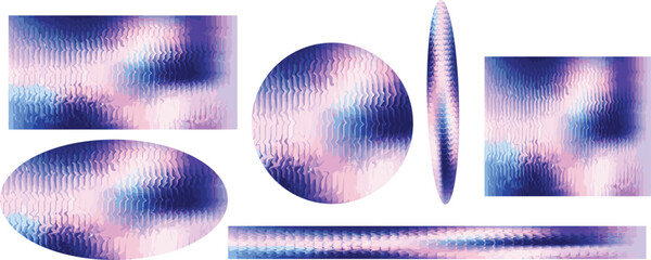 Irregular ripple distortion, soft glass texture effect, bright neon glow with smooth gradient flow and Holographic Gradient Shapes Set – Abstract Iridescent 3D Geometric Vector Background