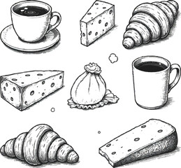 Hand drawn breakfast chalk vector illustrations set.Coffee, croissant, cheese and bread drawings for invitations, menus and parties.