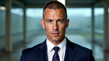 Fototapeta premium Confident middle-aged businessman in navy blue suit standing in modern office corridor with copy space for marketing campaign, corporate branding, and website hero image use
