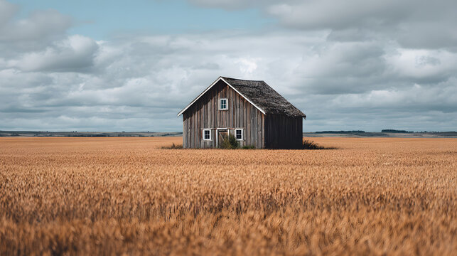 Rustic barn in a golden wheat field under a dramatic cloudy sky - Powered by Adobe