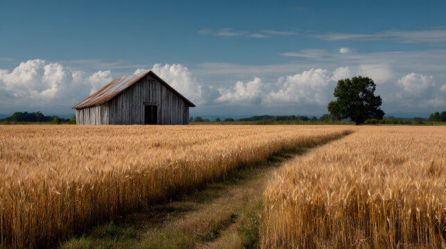 Rustic barn in a golden wheat field under a bright blue summer sky - Powered by Adobe