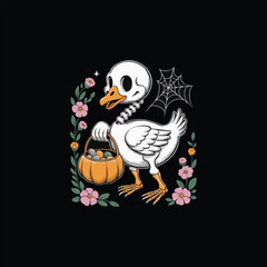 Spooky Goose Skeleton Halloween Vector Illustration,Cute Halloween Goose with Pumpkin Candy Bucket,Funny Skeleton Goose Halloween Artwork,Halloween Goose Vector with Jack O Lantern Candy..