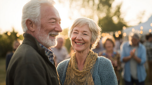 Smiling Elderly Couple Enjoying Outdoor Event At Sunset. Celebrating Life And Happiness In Golden Years