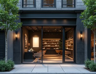 Modern beauty salon store front exterior with dark facade, large glass windows. Stylish interior seen with elegant chairs, product shelves, warm lighting. Blank white poster display inside for