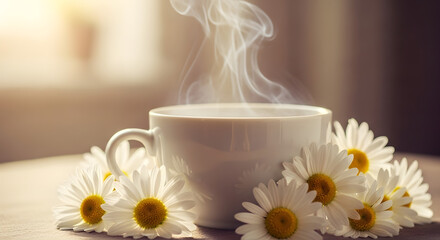 Steaming Cup of Tea with White Daisies on Rustic Wooden Table