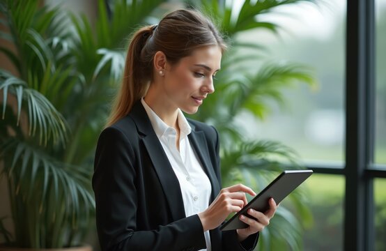 Young woman in black jacket white shirt taps on tablet. She looks at screen with concentration, working on digital project. Elegant lady uses tech in modern office environment.