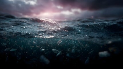 Plastic waste floats in the ocean under a dramatic cloudy sky with atmospheric light highlighting environmental pollution