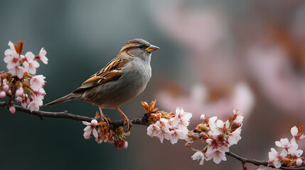Fototapeta premium Sparrow perched on a branch with delicate pink cherry blossoms