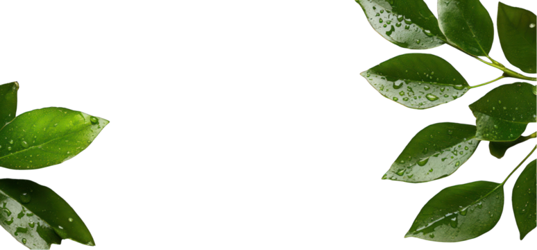 Green leaves with water droplets on transparent background copy space