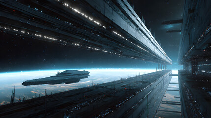 Futuristic space station and starship over a distant planet