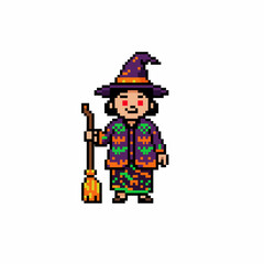 Pixel art of a witch holding a broom, Halloween themed.