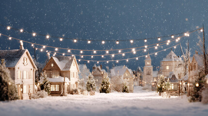 Fototapeta premium Winter wonderland village scene with falling snow and festive lights