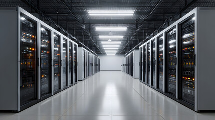 modern data center with rows of server racks and bright lighting