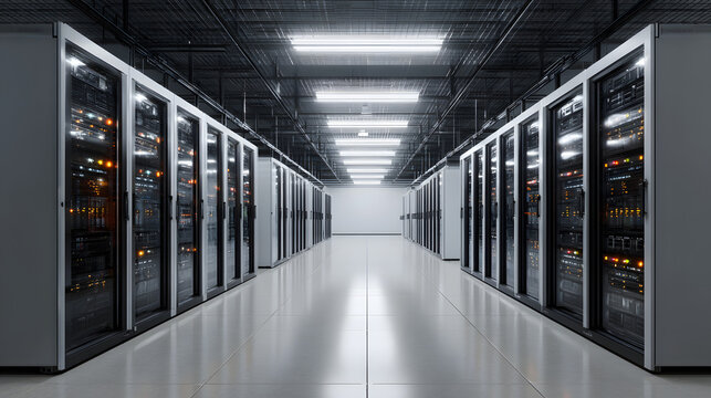 modern data center with rows of server racks and bright lighting - Powered by Adobe