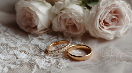 Wedding rings with roses on lace, a beautiful symbol of love and commitment.