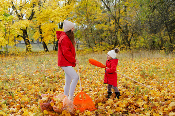 On a sunny autumn day, a mother and her child are raking vibrant yellow and orange leaves in a park, enjoying their time outdoors