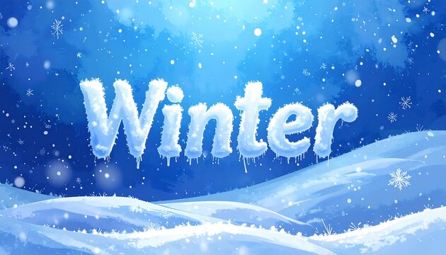 A digital illustration announces "Winter" in icy font over a snowy landscape under a light-blue sky with falling snowflakes