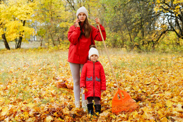 A woman and her child stand among colorful autumn leaves, holding a rake and enjoying a sunny day in the park