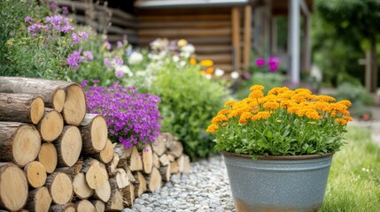 Fototapeta premium Colorful flowers by the log stack in a peaceful garden setting