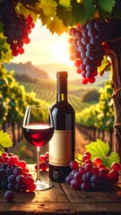 Wine bottle and glass in a vineyard at sunset