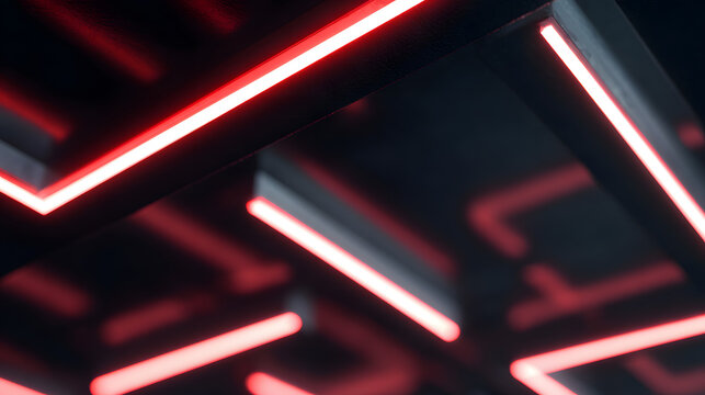Abstract geometric design with red neon lights and dark background