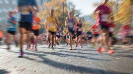 Obraz premium Runners In Motion During A Marathon On A Sunny Day. Capturing The Energy And Speed Of A Competitive Race