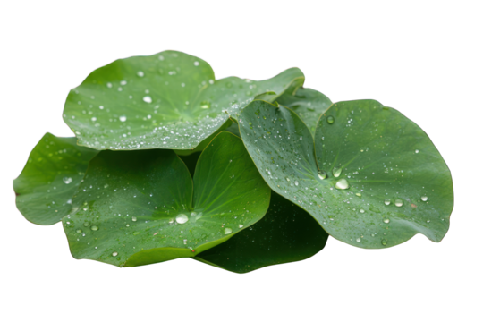 Green lily pad leaves with water droplets on transparent background