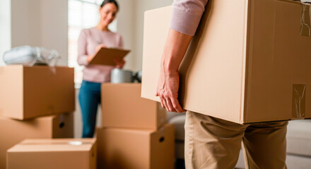 Moving to a new apartment - a man carries a box, a woman marks off a checklist