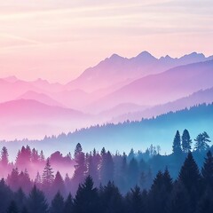 Obraz premium A breathtaking view of foggy mountain layers and dense forests under a surreal, colorful pink and blue gradient sky.