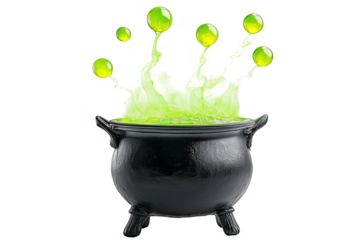 Black cauldron bubbling green potion isolated on a transparent background