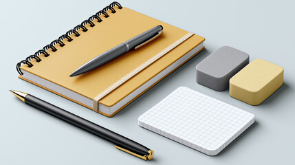 notebooks pens erasers minimal stationery set clean workspace branding mockup