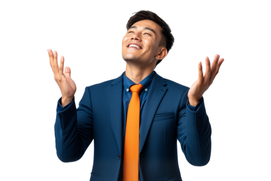Happy Asian businessman looking upwards with open arms, perfect for themes of achievement, celebration, and positive emotions in business