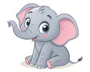 Adorable cartoon baby elephant sitting playfully with big blue eyes and pink ears isolated on transparent background